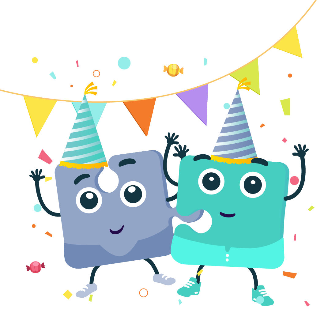 Illustratie van MediMaatjes-figuurtjes in de vorm van puzzelstukjes die samen feest vieren.
